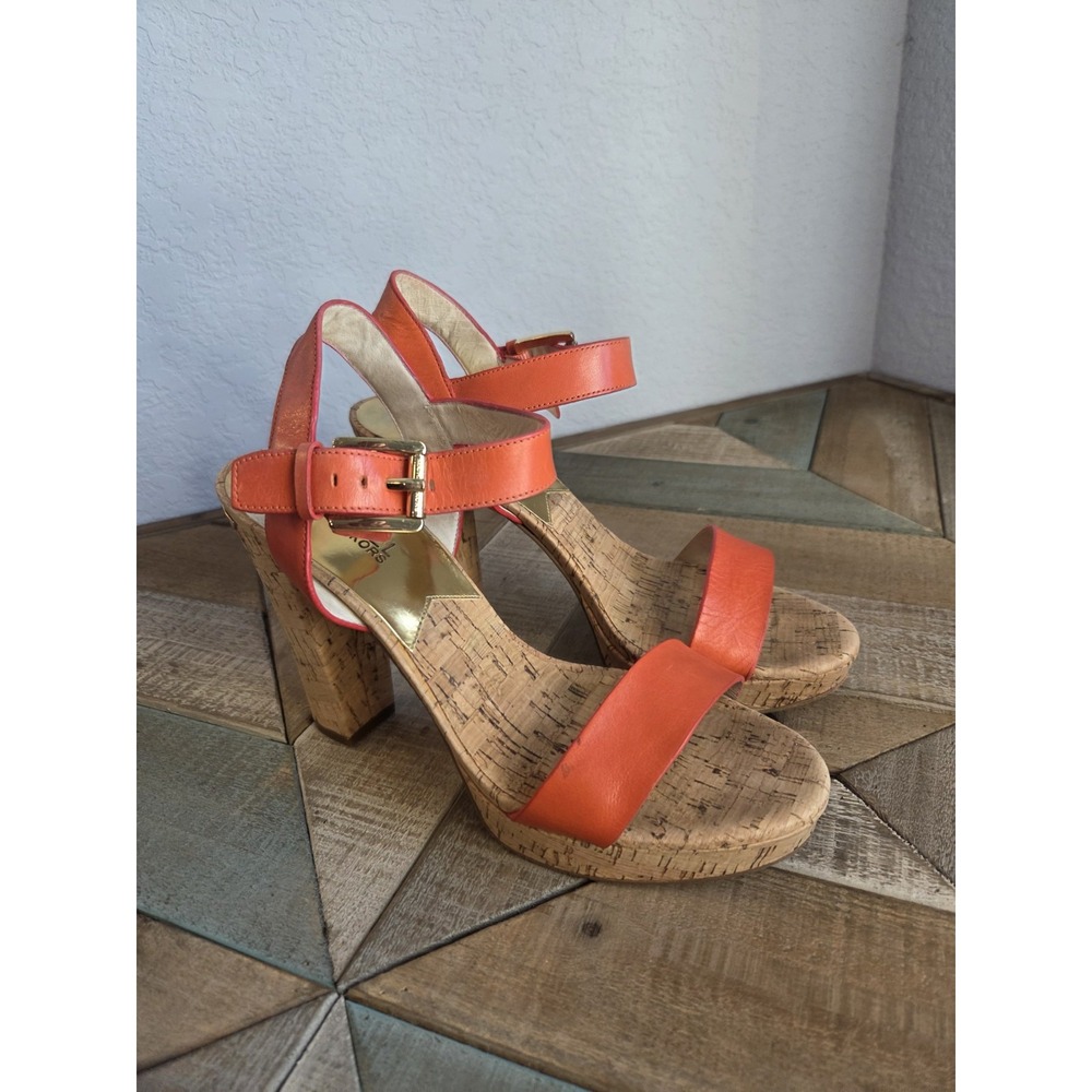 MICHAEL KORS US 8M Persimmon Leather‎ Cork Platform High Heel Sandals Shoes